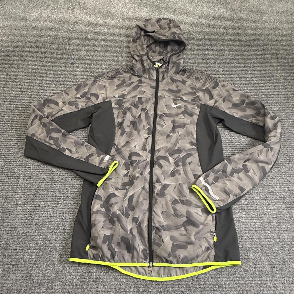 Nike Running Jacket Mens Small Gray Camo Hooded Full Zip Windbreaker Jacket